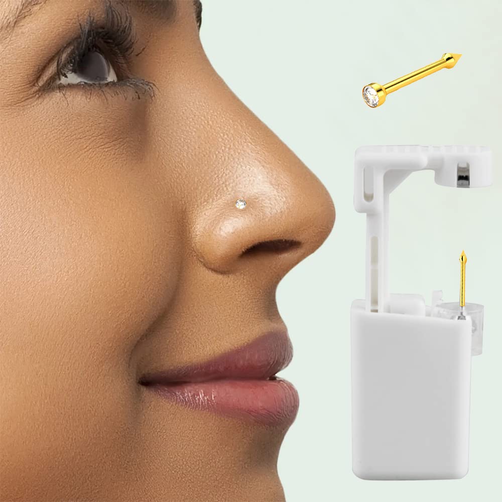 Self NOSE Piercing Gun Kits inside Yellow Gold Piercing Rings Disposable Safety 1/100 With Moment Tool With Ring Stud Pierce Kit GP201 (4 Pack)