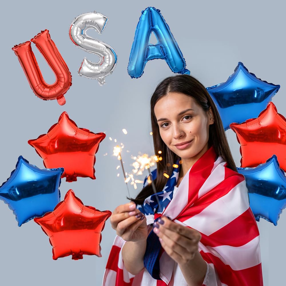 Independence Day Foil Balloon Set, Red Silver Blue Star Mylar Balloons and USA Balloon Banner Patriotic Decoration for 4th of July Party Memorial Day USA Sports Events image 5