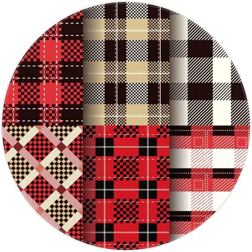 48"X 48" Artistic Buffalo Pattern Plaid Red Black White, Elastic Fitted Edged Round Tablecloth Waterproof Anti-Shrink Soft Polyester Table Cloth Washable Table Cover for Banquet Home Indoor or Outdoor