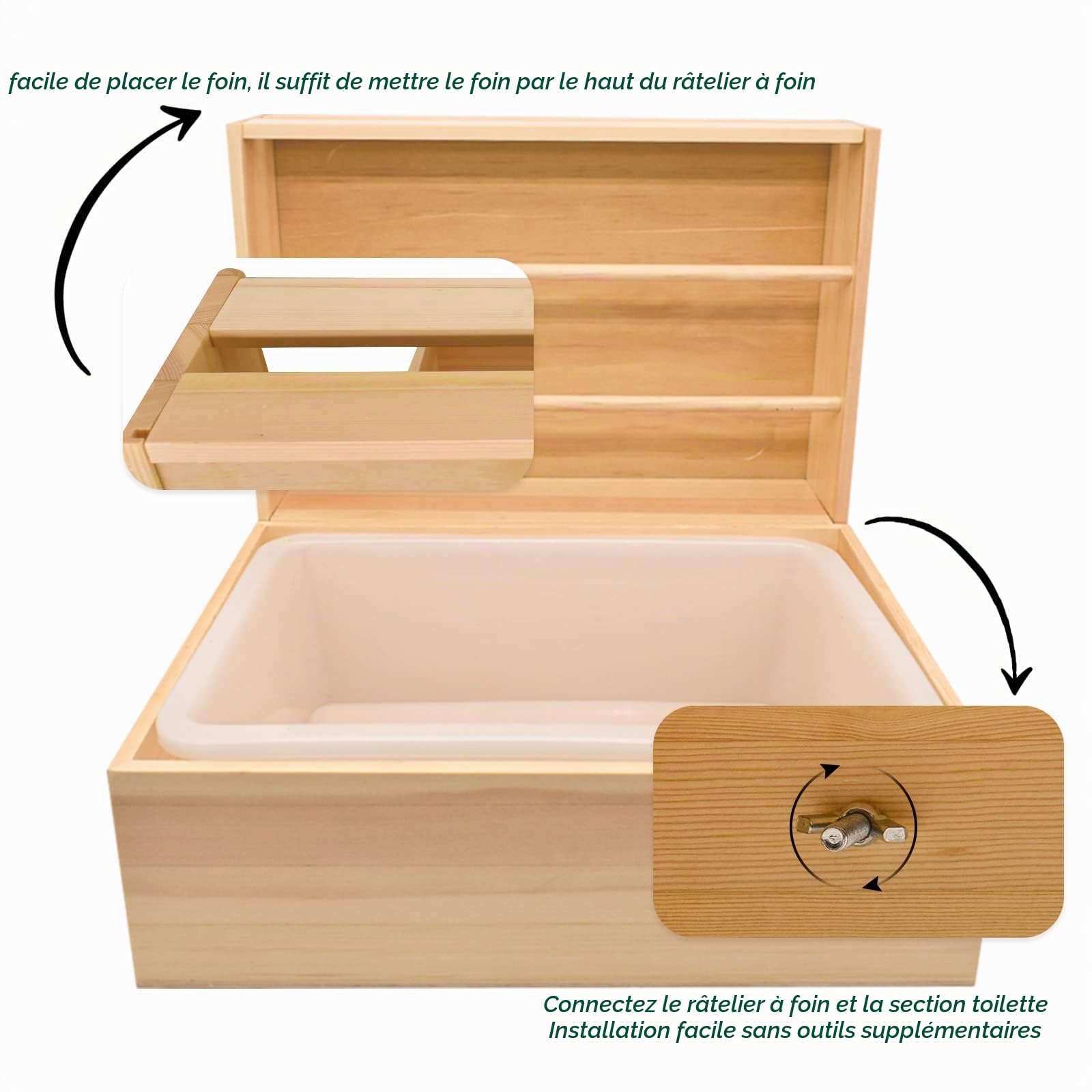 Râtelier à Foin en Bois Mangeoire à Foin en Bois pour Cochon d'Inde 2 en 1 Ratelier Lapin avec Bac à Litière en Plastique Amovible Support à Nourriture en Herbe pour Petits Animaux 43 * 13.5 * 31.5cm