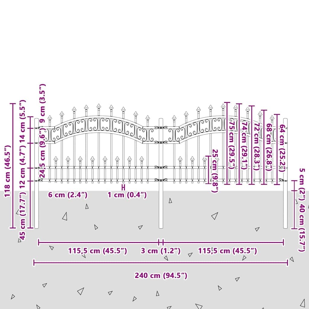 Valla de metal con punta de lanza de acero pulverizado como valla de jardín negra en 240 x 75 cm
