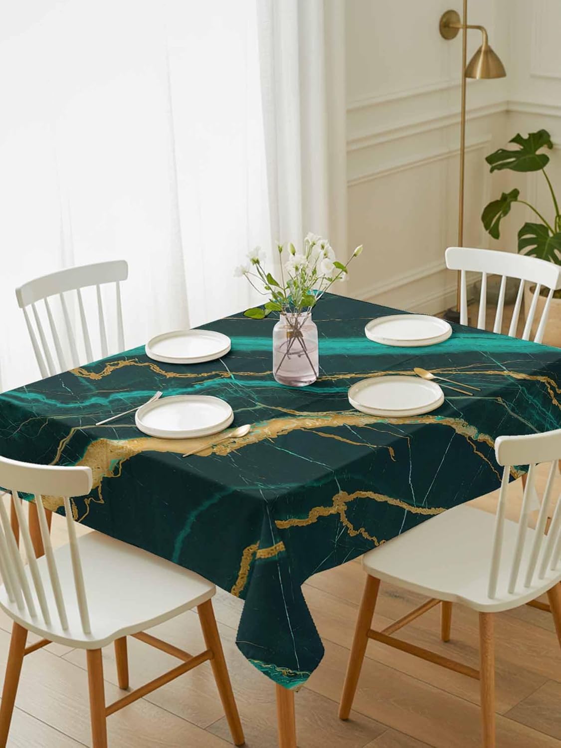 Marble Emerald Green Tablecloth Waterproof for Round/Rectangle/Oval/Square Tablecloth 52x72 in, Modern Abstract Gold Art Table Cloth Cover for Fall Baby Shower Christmas Wedding Party