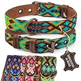 ALTEZAR Hundehalsband Leder - braunes Rindsleder Tribal Grün/Braun/Beiges durchgehend Bestickt - Handgemacht in Mexiko Lederhalsband Hund - Größe S - für kleine Hunde