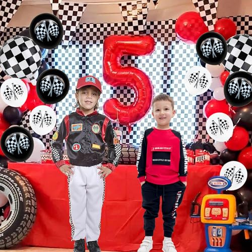 Image of 12 Pcs Race Car Themed Balloons Sets Checkered Flag Latex Balloons for Kids Boy Girl Racing Car Fast One Birthday Party Decorations