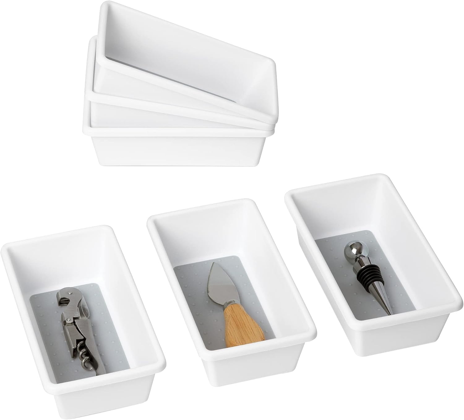 Smart Design Plastic Drawer Organizer - Set of 2-6.75 x 6.75 Inch - Non-Slip Lining and Feet - BPA Free – Utensils, Flatware, Office, Personal Care, or Makeup Storage - White and Gray