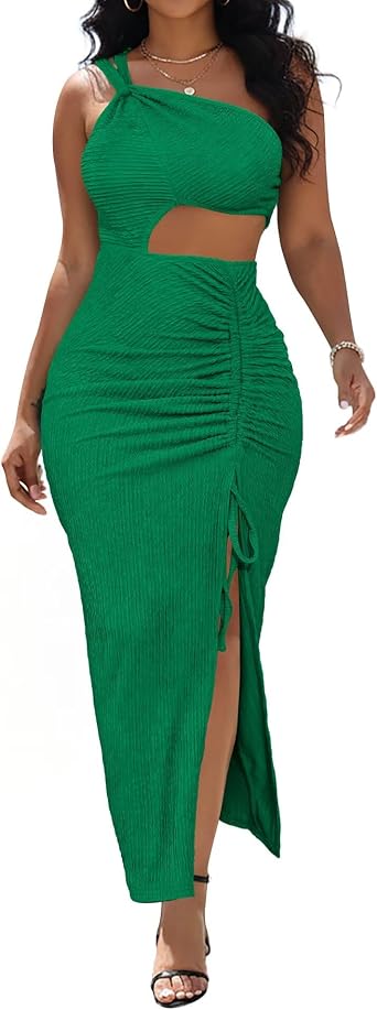 Aro Lora Womens Sexy Bodycon Midi Long Dress | One Shoulder, Cut Out, Ruched, Side Slit, Sleeveless, Summer Beach Vacation Party Dresses