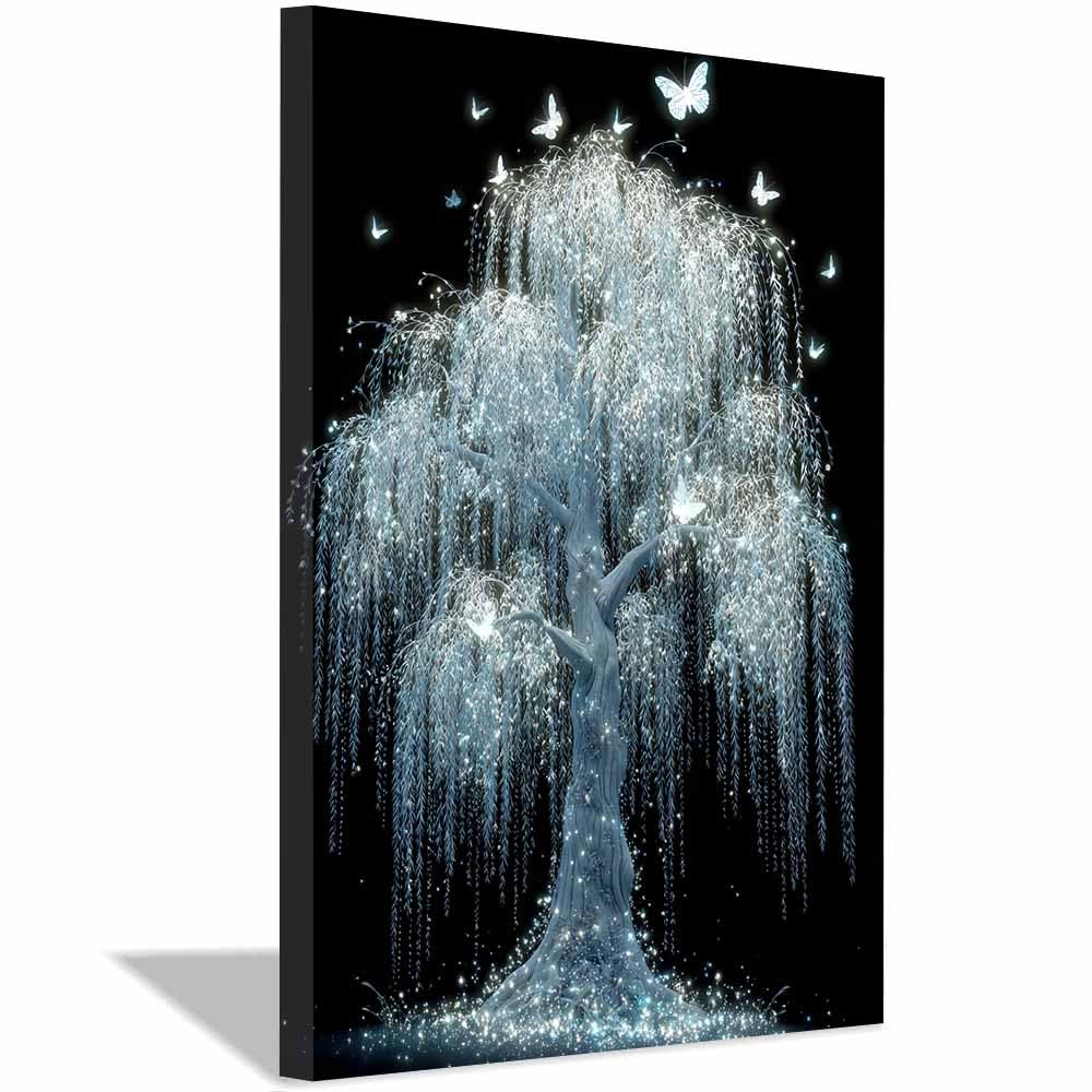 HOQIU Tree Wall Art Vintage Blues foliage tree artwork, home canvas prints, for Bathroom Living Room Bedroom(Multicolor)-70x100cm Framed