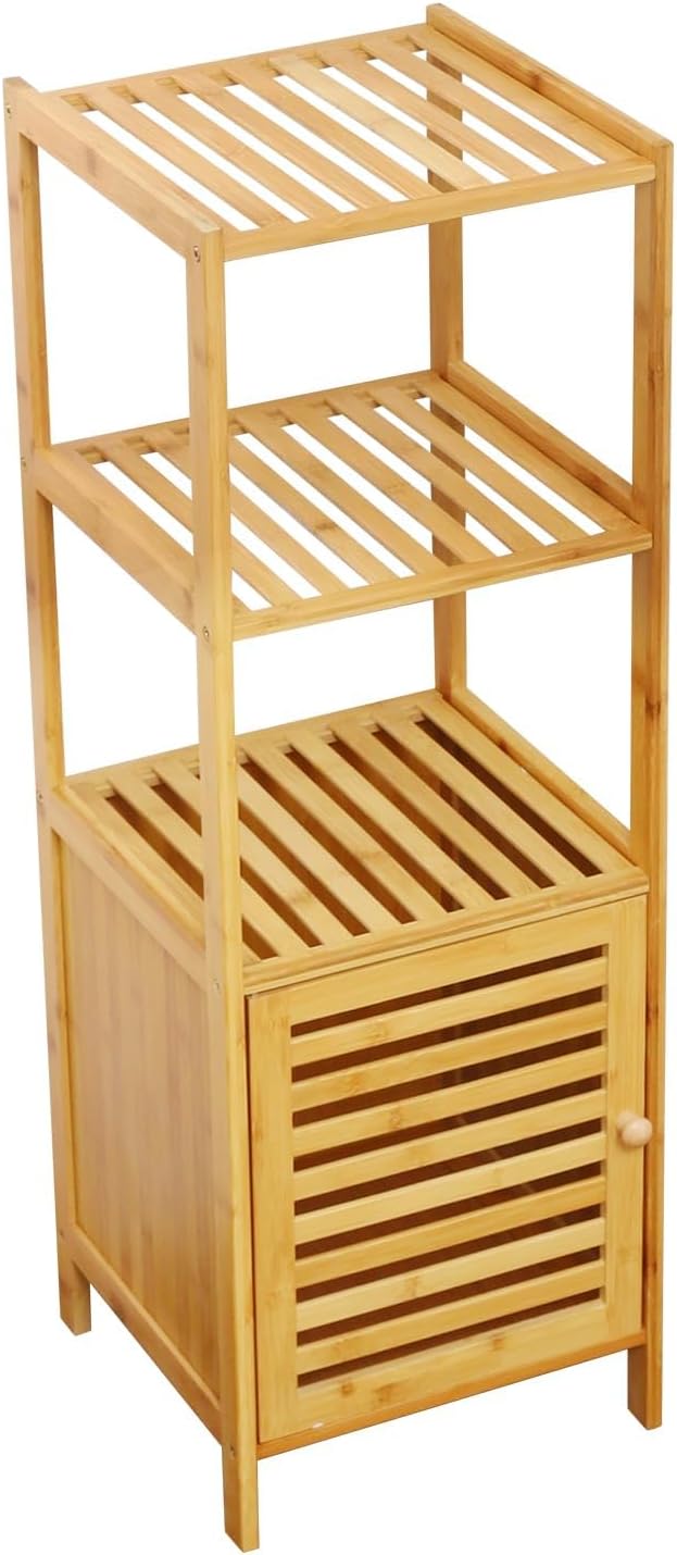 Natural Bamboo Multi-Purpose 4-Tier Storage Floor Cabinet, Unique lockable bottom, Freestanding Multifunctional Floor Shelving Unit/ linen cabinet for Bathroom, Kitchen & Living Room,Easy to Assemble