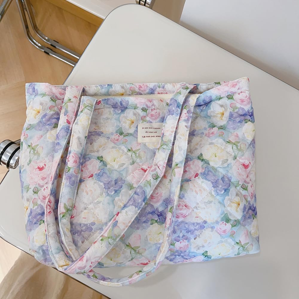 Floral Quilted Cotton Shoulder Bag Set 2-in-1 Tote with Mini Pouch Women’s Lightweight Reusable Daily Handbag A054