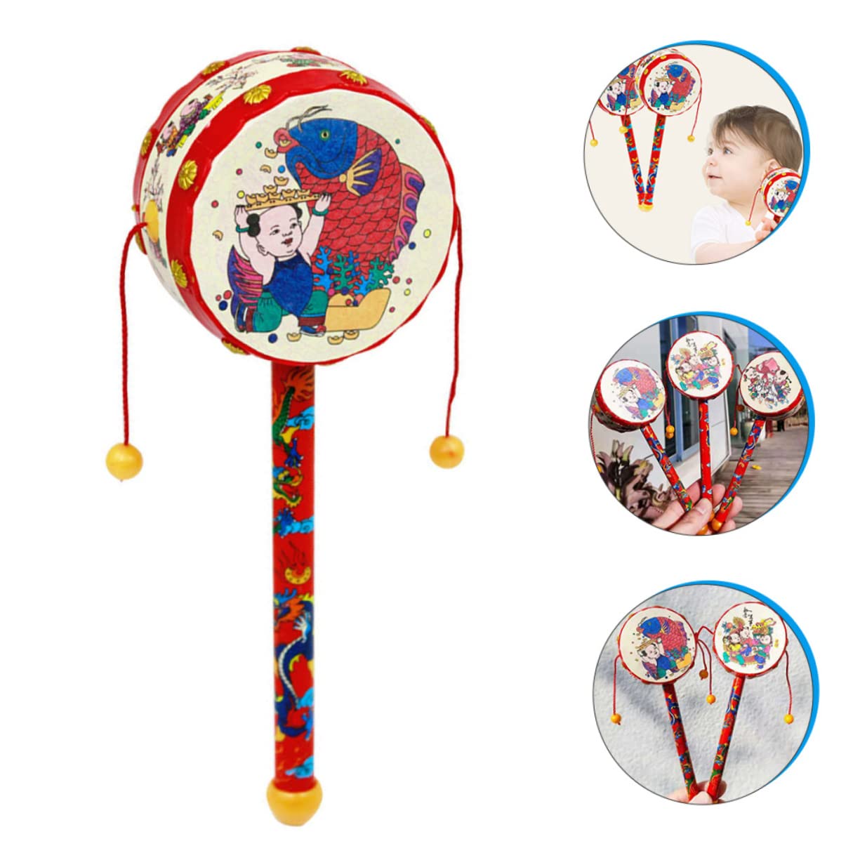 Gogogmee Traditional Wooden Handheld Rattle for Sensory Hearing Training Drum Safe and Stimulates Interest Music and Rhythm for Newborns
