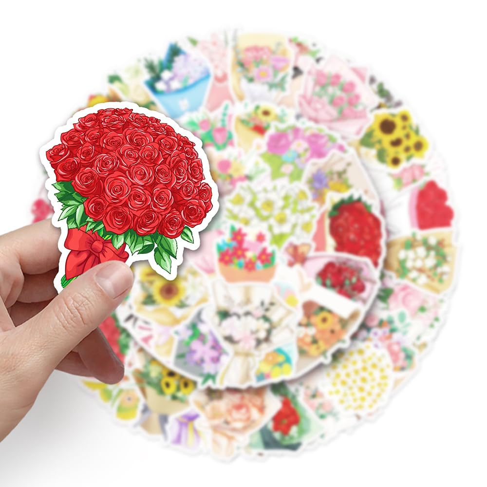 Romantic Flower Bouquet Vinyl Stickers, 50 PCS Cute Rose & Sunflower Bouquet Decals for Journals Scrapbooking, Laptops - Image 4