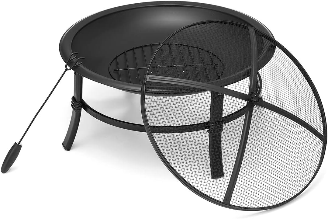 26 inch Fire Pit Wood Burning Small Heavy Duty Steel Firepit with Spark Screen Log Grate Poker