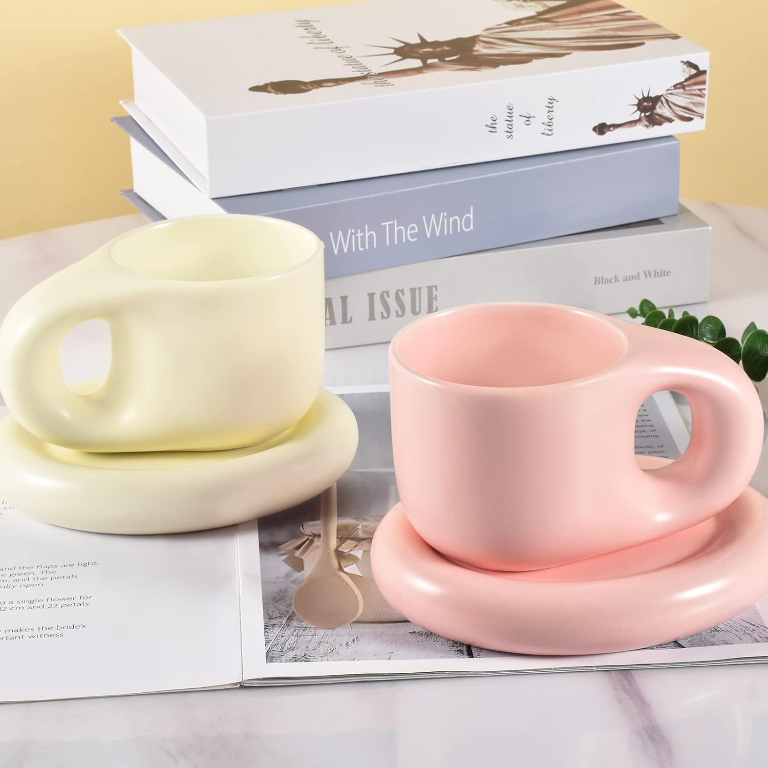 Koythin Ceramic Coffee Chubby Mug Saucer Set, Creative Cute Fat Handle Cup with Saucer for Office and Home, Dishwasher and Microwave Safe, 10 oz for Latte Tea Milk (Pink)
