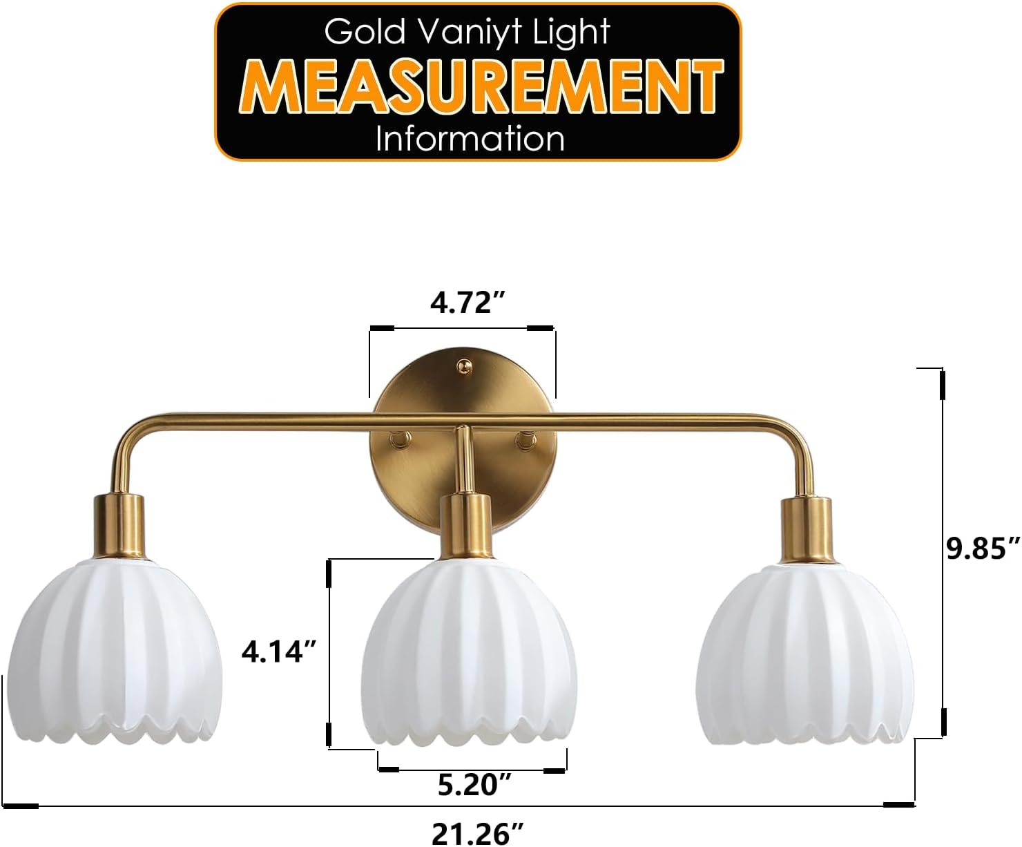 Brushed Gold 3-Light Vanlity Light Over Mirror,Wall Sconces,Gold Brass Bathroom Light Fixture with White Glass Flower Shade,E26 Socket(Bulbs Not Included)