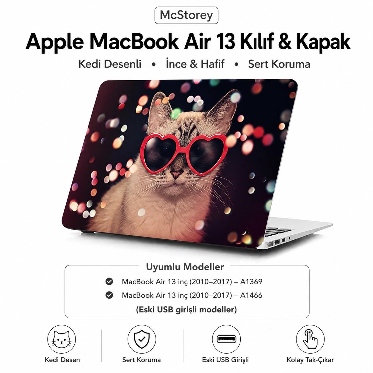 McStorey MacBook Air 13 İnç Kılıf A1369 A1466 Uyumlu (2010–2017) Lazer Baskılı Kedi Desenli Sert Kapak Koruyucu Hard Case R-177