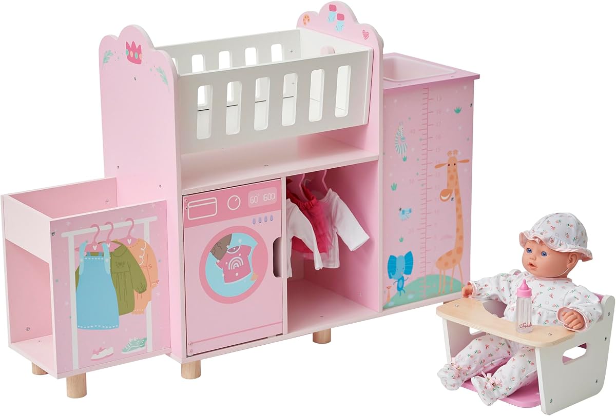 Olivia's Little World Amanda 6-in-1 Wooden Doll Nursery Station, Pink/Multi | Rocking Cradle, High Chair, Storage, Washing Machine and Sink, For 3 yrs and up