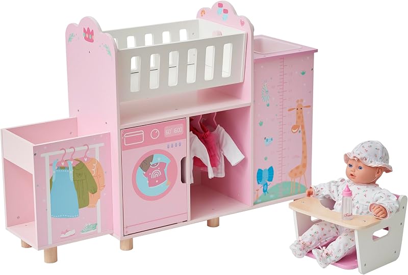 Olivia's Little World Amanda 6-in-1 Wooden Doll Nursery Station, Pink/Multi | Rocking Cradle, High Chair, Storage, Washing Machine and Sink, For 3 yrs and up