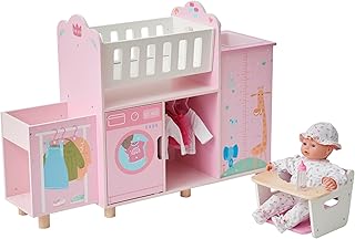 Olivia's Little World Amanda 6-in-1 Wooden Doll Nursery Station, Pink/Multi | Rocking Cradle, High Chair, Storage, Washing Machine and Sink, For 3 yrs and up