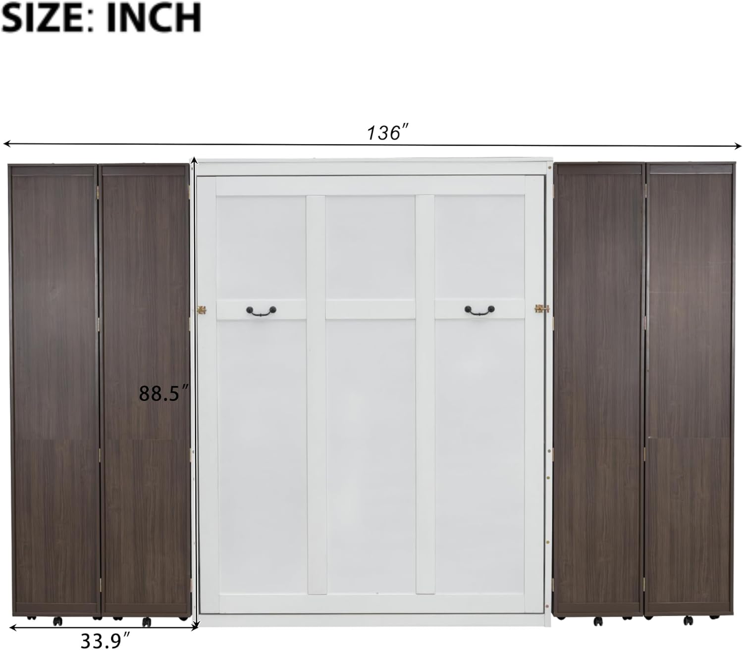 Merax Queen Murphy Bed with Push-Pull Cabinets, Murphy Bed Queen with Storage Shelves and Shelves with Wheels, No Box Spring Needed, White Espresso