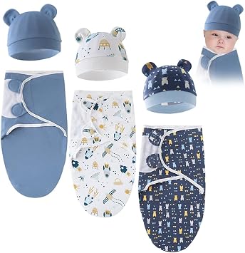 EUBUY 3-Pack Baby Swaddle Sleep Sack with Hat Set for 0-3 months