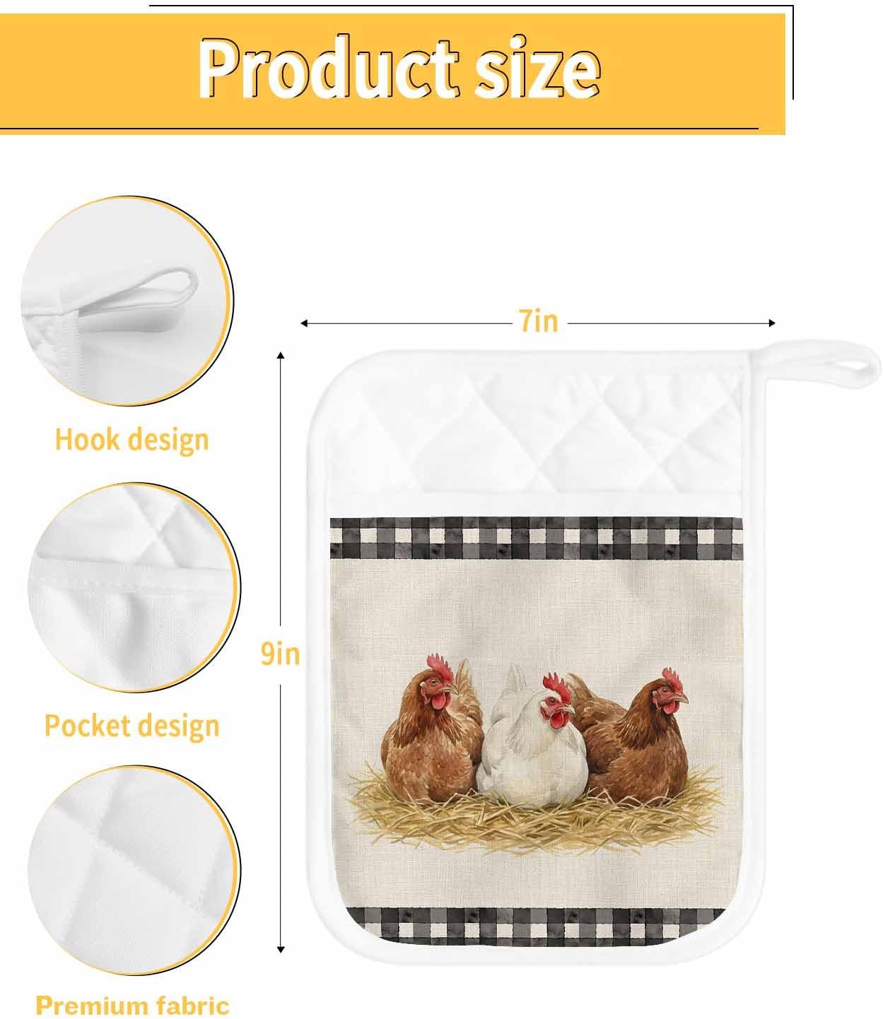 5 Pack Pot Holder with Pocket, Farmhouse Chicken Burlap Linen Kitchen Potholders Heat Proof Non Slip Pot Holders Sets, Black Buffalo Plaid Hot Pads Potholder for Cooking Baking BBQ