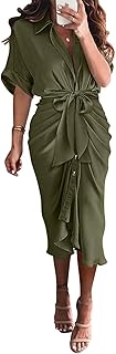 2025 Women Button Down Ruched Shirt Dresses Short Sleeve Lapel V Neck Elegant Party Spring Summer Maxi Satin Dress - Buy now