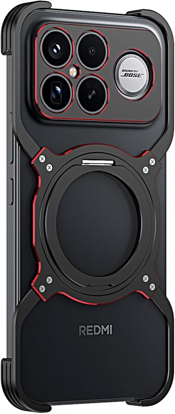 DAYJOY Metal Frameless Case Compatible with Redmi K90 Pro Max/Xiaomi Poco F8 Ultra, Premium Aluminum Shockproof case Compatible with Magsafe Kickstand Rotatable Magnetic Holder Black red