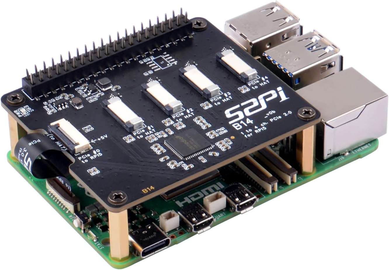 GeeekPi Quad FPC PCIe HAT for Raspberry Pi 5, B14 HAT 1 to 4 PCIe Interface with 40Pin GPIO Pin Header for Raspberry Pi 5