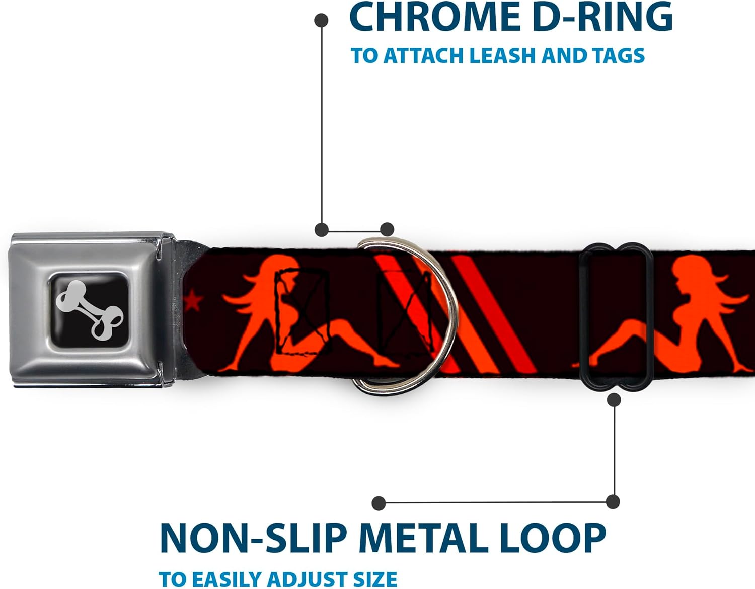 Buckle-Down Seatbelt Buckle Dog Collar - Mud Flap Girls w/Stripes Black/Red/Orange - 1" Wide - Fits 11-17" Neck - Medium