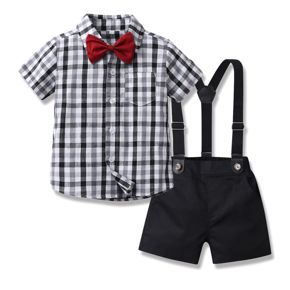 IBTOM CASTLE Baby Boy Gentleman Outfit: Toddler Bowtie Shirt Overalls Suspenders Shorts For Kids Birthday Baptism Christening Formal Suit Wedding Party Child Clothes Sets Black-Plaid 6-12 Months