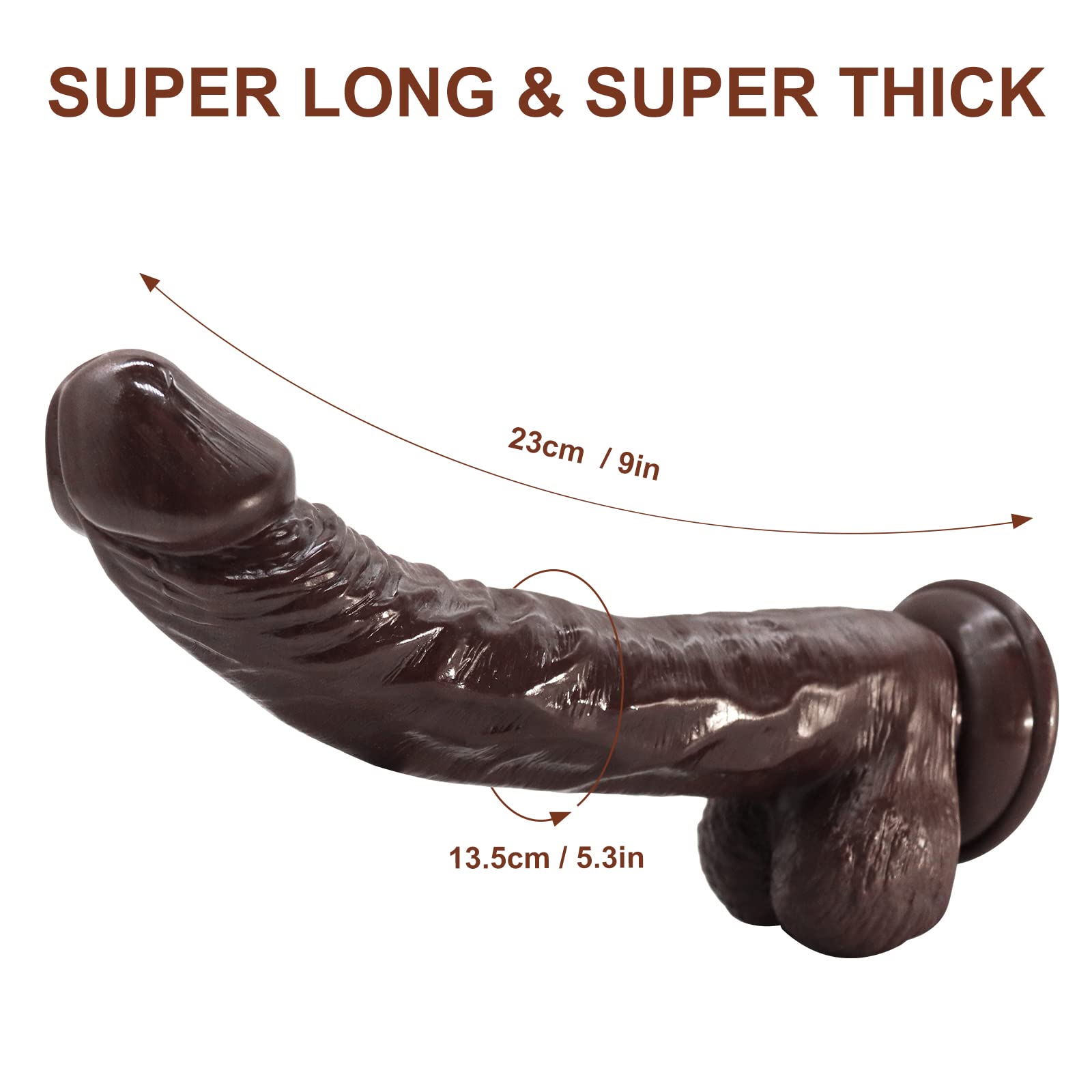 Huge Black Realistic Dildo with Strong Suction Cup Adult Sex Toys for Women Men, 9 Inch Big Soft Silicone Flexible Lifelike Dildos with Curved Shaft and Balls for Vaginal G spot and Anal Play