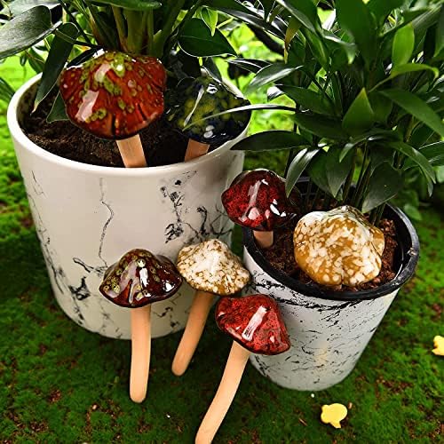 SHUT Garden Decor Statues Figurines Stakes 4pcs Ceramic Mushroom for Garden, Yard, Fairy Lawn Ornament Décor, Pottery