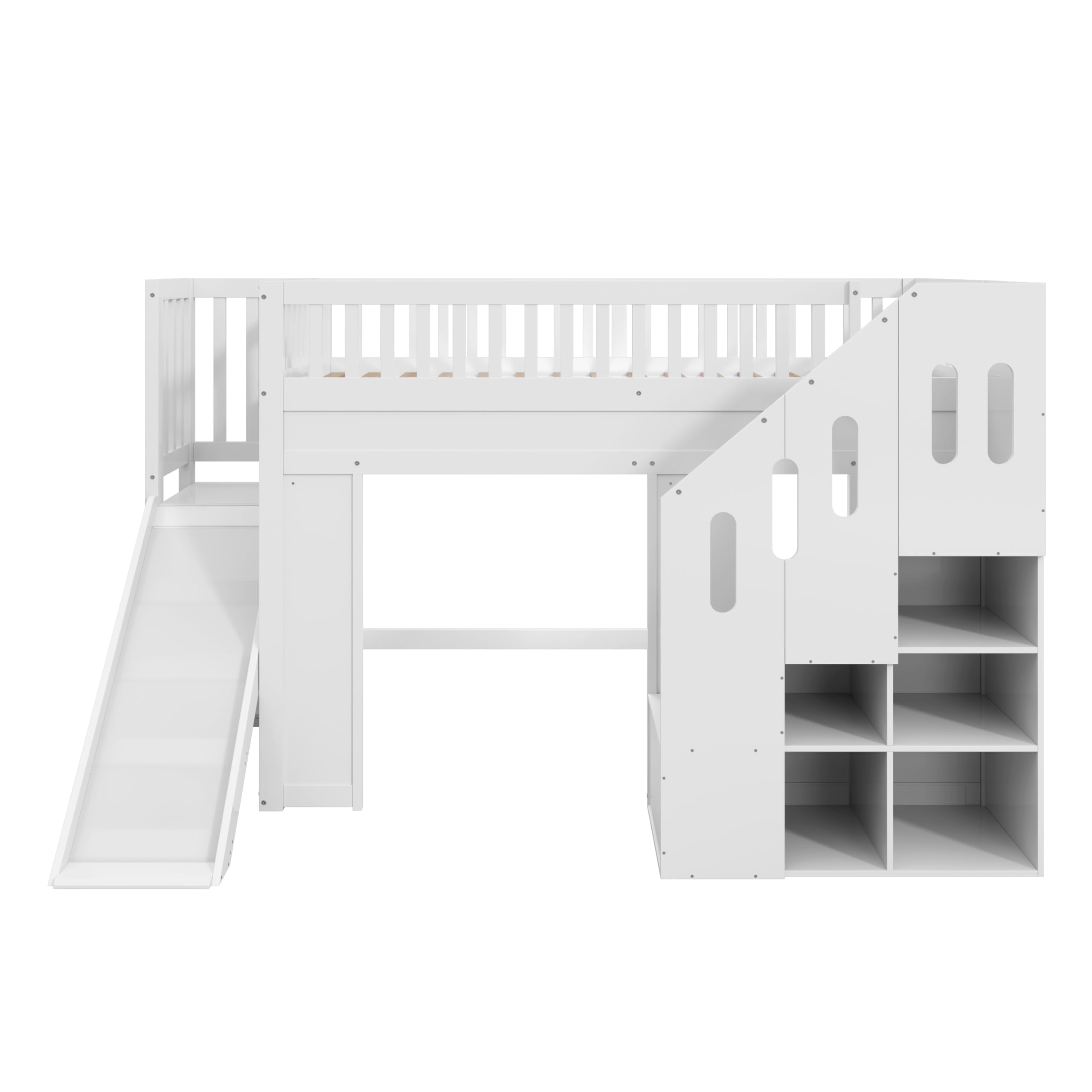 Merax Kinder Hochbett 90x200 cm, Etagenbett mit Rutsche, LED-Lichtleiste, Rausfallschutz und Stauraumtreppe, Massivholz & MDF, Weiß (ohne Matratze)