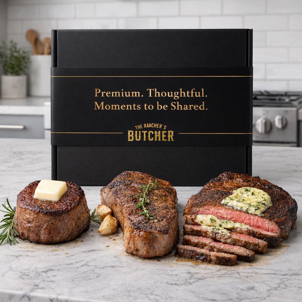 Rancher’s Butcher Steak Box – Ribeye, NY Strip & Filet Mignon | Premium beef assortment, rich marbling, tender cuts, butcher-quality, individually sealed for freshness and easy prep