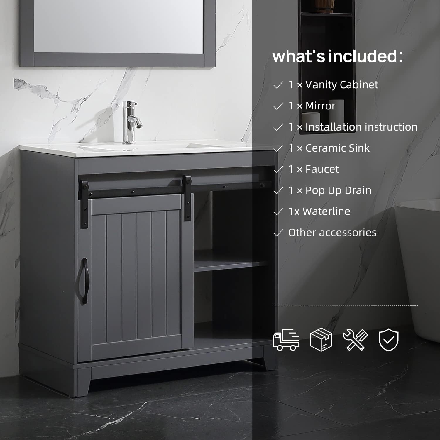 wonline 36’’ Bathroom Vanity with Sliding Barn Door and Ceramic Vessel Sink, Farmhouse Style Cabinet with Wooden Framed Mirror Combo Chrome Faucet Grey