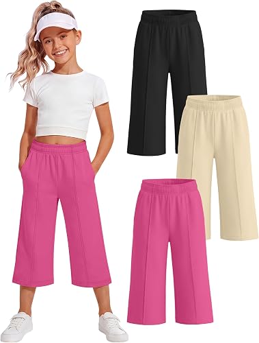 YooAurvox 3 Pack Girls Capri Pants with Pocket, Summer Wide Leg Pants, Back to S