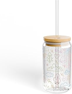 Colorful Doodle Glass Cup with Rockets, Rainbows, and Stars - Whimsical Gift Idea - The Alien Sipper Glass 16oz
