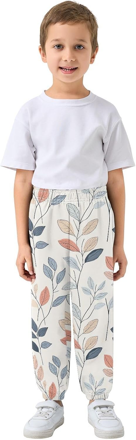 Boy Sweatpants Retro Wildflowers Leaf Joggers Casual Athletic Pants Kids Elastic Waist Cuffed with Pockets