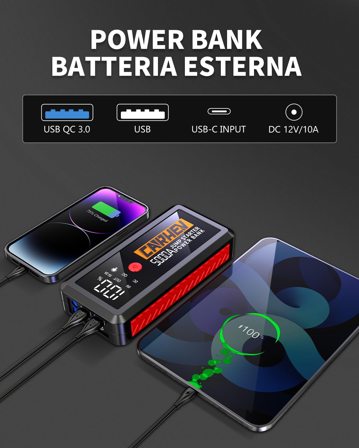 CARHEV Booster Avviamento Auto, 5000A Avviatore Batteria Auto (Fino a 8.0L Benzina/8.0L Diesel), 12V Avviatore Emergenza per Auto con Grande Display LCD e Torcia LED, Starter batteria auto con QC3.0