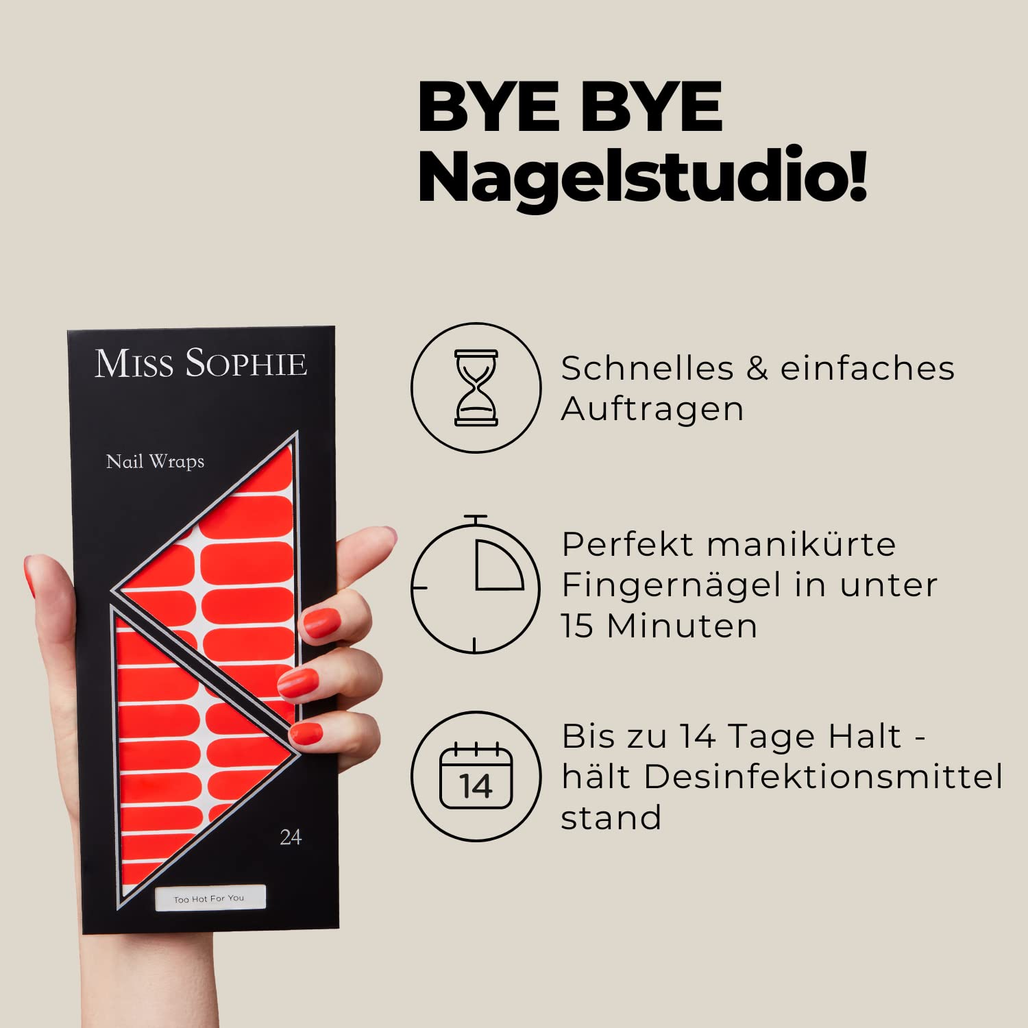Miss Sophie Pellicola per unghie - "Too Hot For You", Tinta unita, Rosso, Nail Wraps -24 pellicole per unghie autoadesive ultrasottili a lunga durata