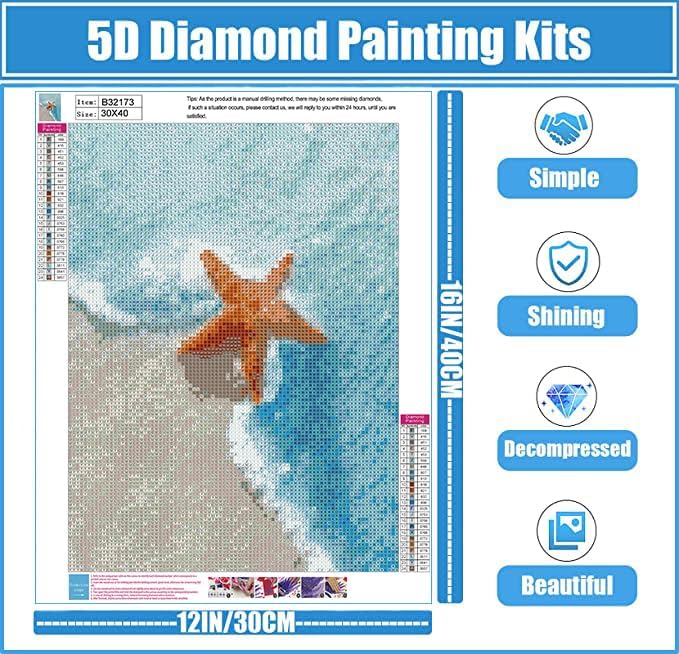 Miniatura 2 de QUITEDEW Pintura de diamantes de playa, kits de arte de diamantes de paisaje para adultos, kits de pintura de diamantes de estrella de mar para