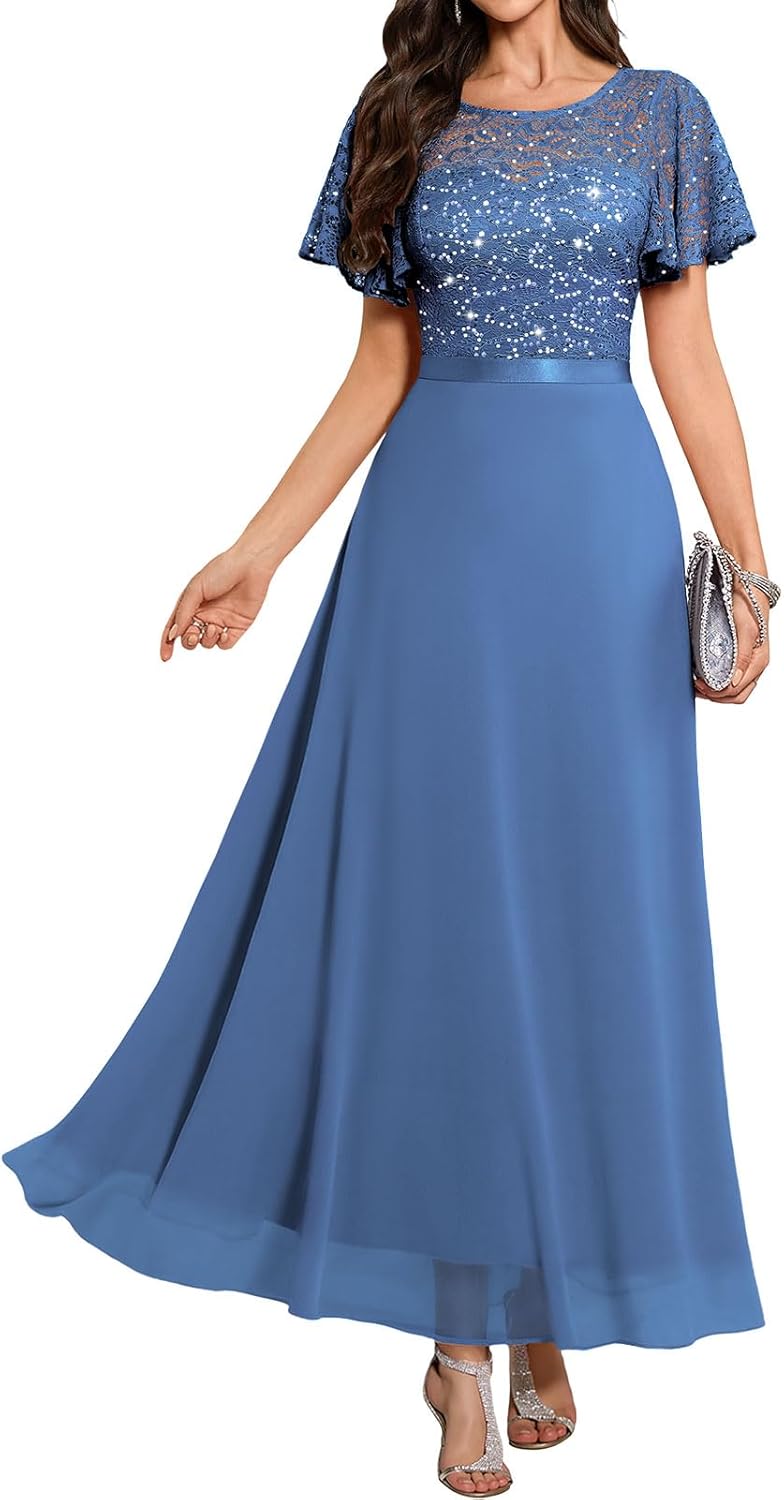 DRESSTELLS Wedding Guest Dress for Women, Long Mother of Bride Formal Sequin Cocktail Evening Party Lace Prom Dresses