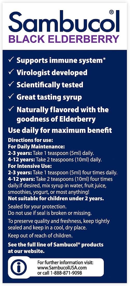 Sambucol Black Elderberry Syrup for Kids with Vitamin C; Sambucus Elderberry Syrup For Immune Support; High Antioxidants, Gluten Free, Dairy Free; No Added Flavors Or Colors, Family Size, 7.8 Fl Oz : Health & Household