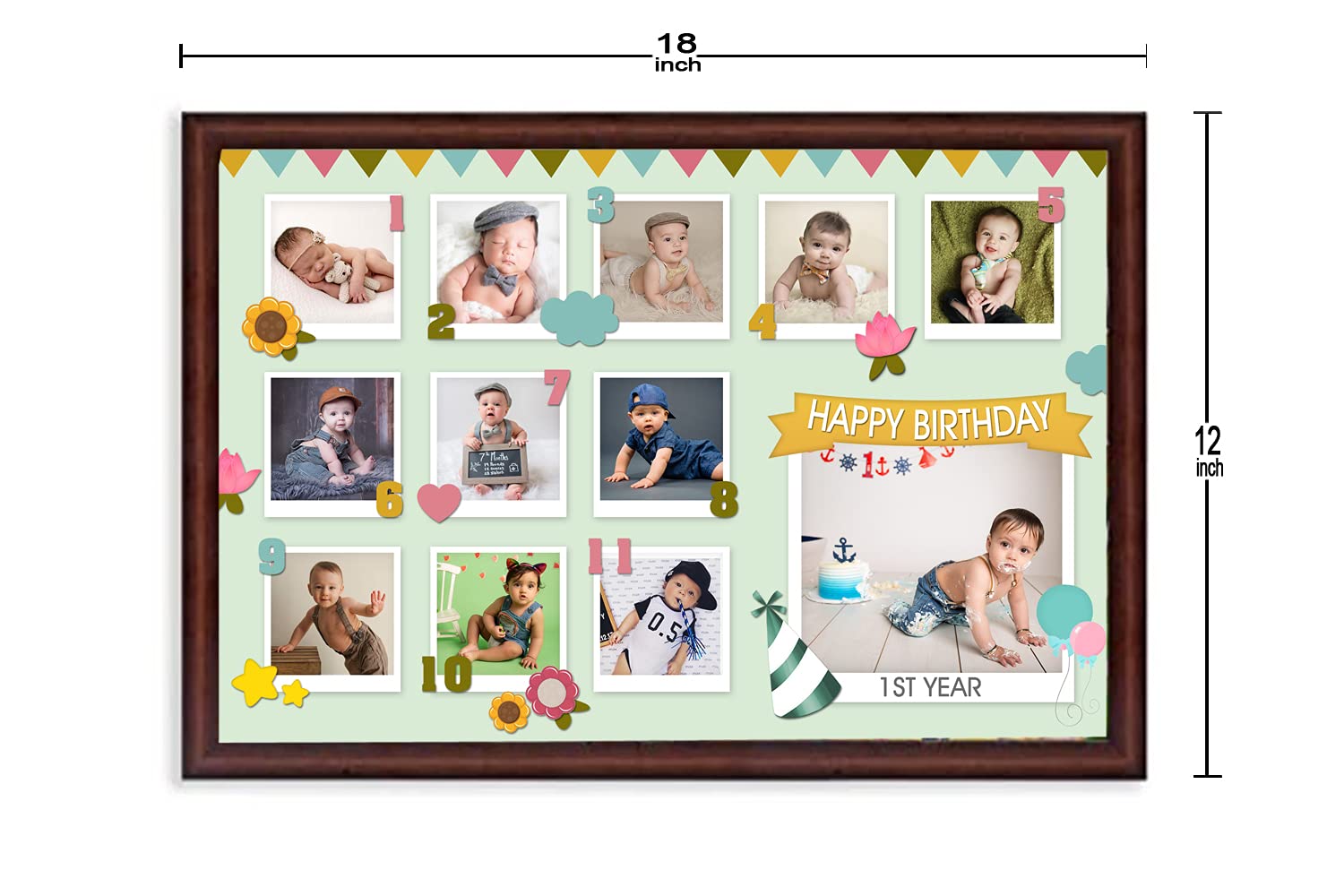 Pixelkari Customised First Year Kids Wooden Photo Frame with Picture Glossy Laminated Photo Frame Large, 12x18 inch 2