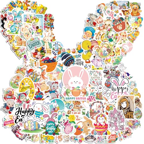 VERKSTAD 100 PCS Easter Stickers, Vinyl Waterproof Sticker Cute Easter Egg Stickers,Rabbit Sticker Decorating for Cards Water Bottles Skateboard Computer Envelopes Tags Crafts Windows