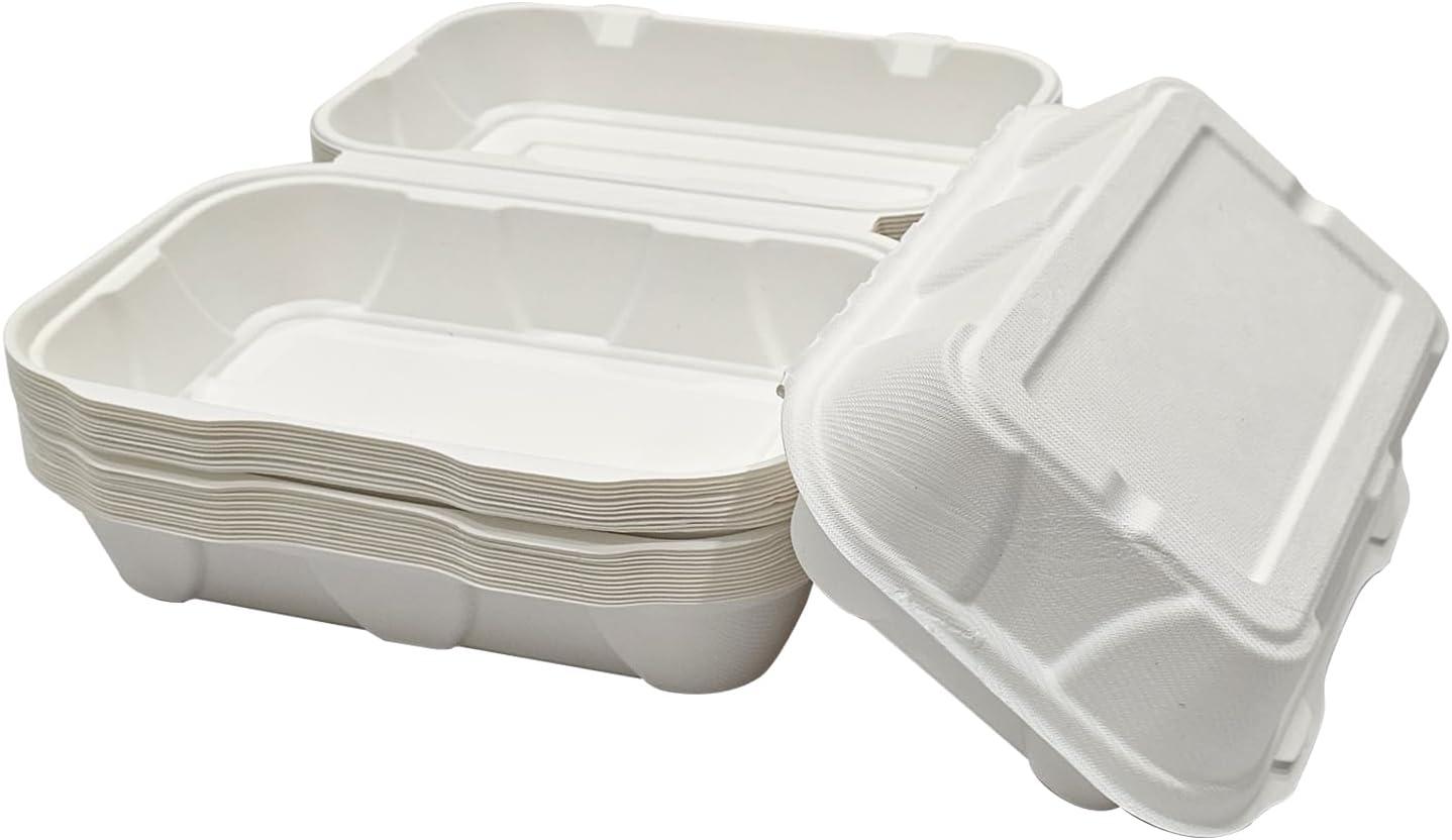 9 x 6 Biodegradable Clamshell Containers [100 Pack] – Eco-Friendly Compostable Take-Out Boxes | Heavy-Duty Sugarcane Fiber | Microwave & Freezer Safe | Ideal for Burgers, Snacks, Salads & Meals.