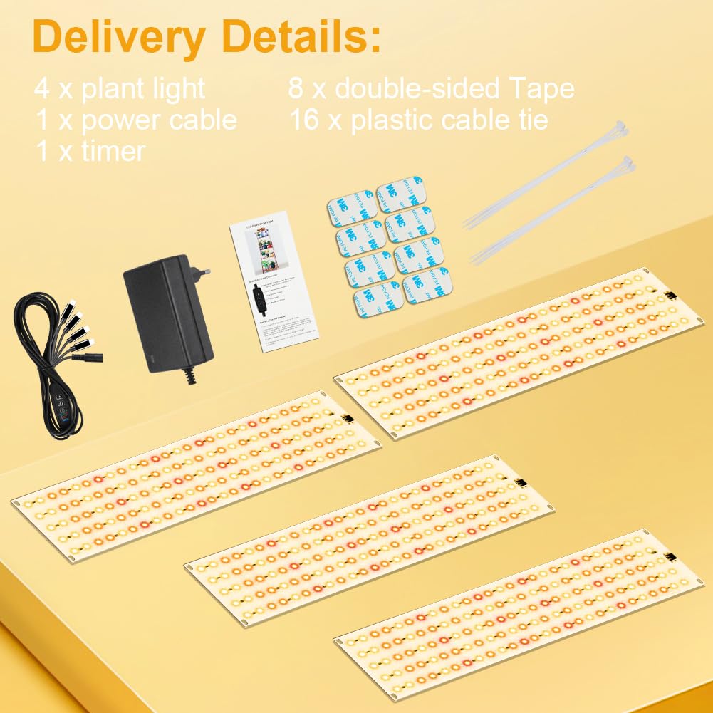OFFCUP Lampada per Piante, 4 pezzi Lampada da Coltivazione a led a Spettro Completo 5000W, 270 LEDs Luce di Crescit con Timer 12/9/3H 3 Modalità di illuminazione per Piante Indoor, semi e Fiori
