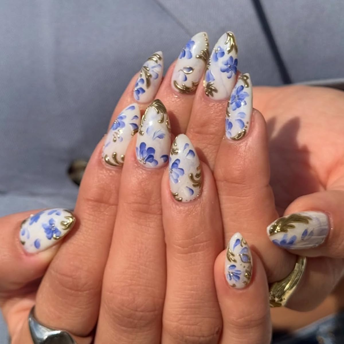 Green Press on Nails Almond Medium Zebra Stripe Press on False Nails 3D Gold Flowers Charms Ombre Stick on Nail for Women 24pcs