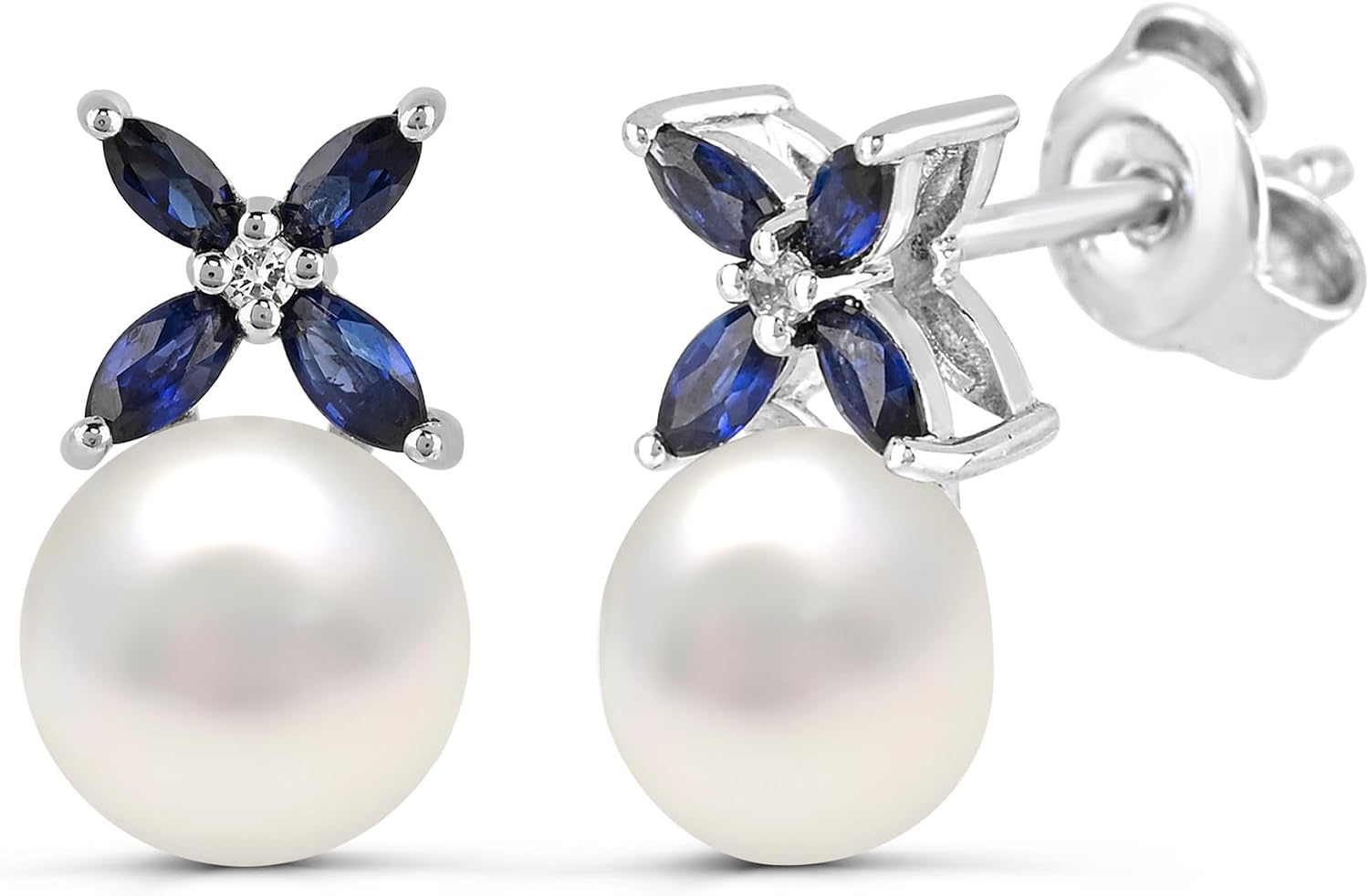 Diamond2Deal Sterling Silver Freshwater Cultured Pearl with Created Blue and Created White Sapphire Stud Earrings