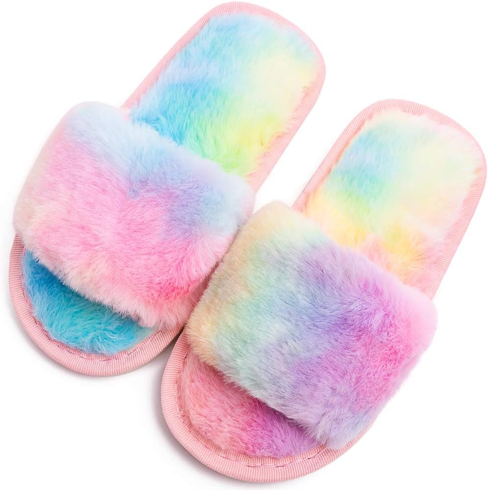 techcity Boys Girls Fuzzy House Slippers Cute Comfy Faux Fur Slip On Fluffy Plush Open Toe Home Slides for Kids Indoor Outdoor Warm Shoes